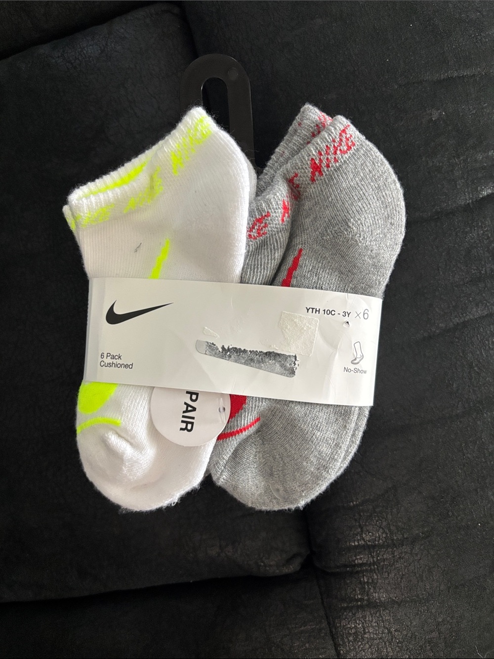 Nike Youth No-Show Cushioned Socks - White, Gray with Neon Accents (6 Pack)